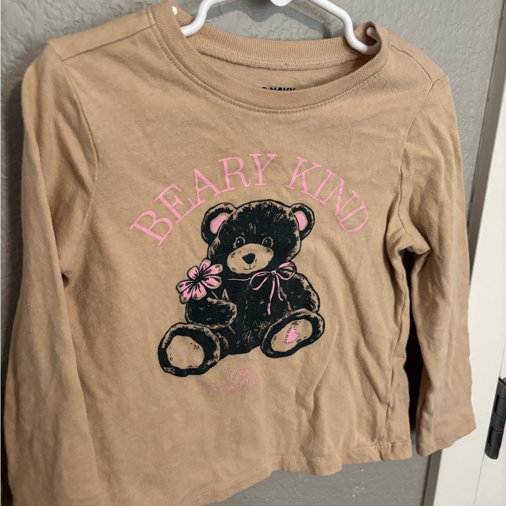 Old Navy Tan Long-Sleeve Tee with Black Bear and Pink Accents